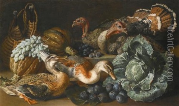 A Still Life Of Ducks, Turkeys, Melons, Figs, Grapes And A Cabbage On A Stone Ledge Oil Painting - Jacob van der Kerckhoven