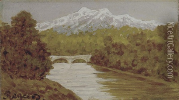 Paesaggio Fluviale Con Ponte E Montagna Innevata Oil Painting - Enrico Reycend