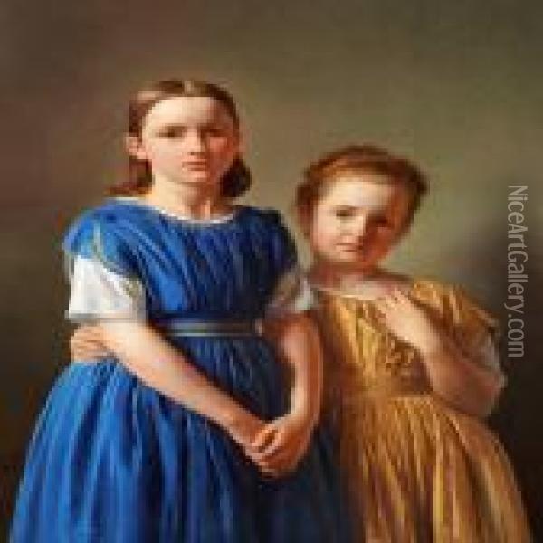 Double Portrait Of The Sisters Bertha Marie Weis And Angela Jacobe Weis Oil Painting - Constantin Hansen