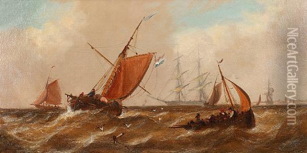 Sailing Vessels Off A Coast Oil Painting - John Callow