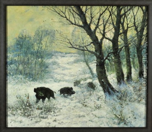 Eine Rotte Wildschweine Auf Einer Abendlichen Winterwaldlichtung Oil Painting - Friedrich Josef Nicolai Heydendahl