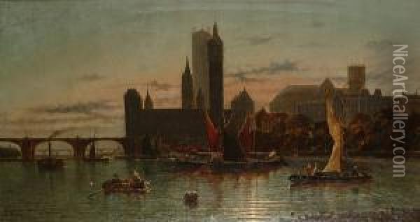Barges On The Thames At Westminster Oil Painting - Edwin Fletcher