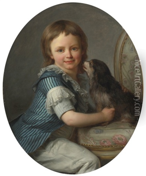 Portrait Of A Young Boy, Possibly Henri Delacroix, And His Spaniel Oil Painting - Antoine Vestier