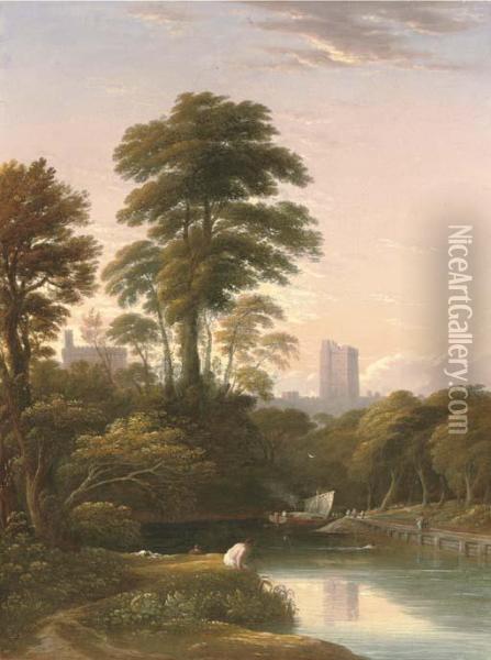 The Bank Of The Thames With Figures In The Foreground And Windsorcastle Beyond Oil Painting - John Varley
