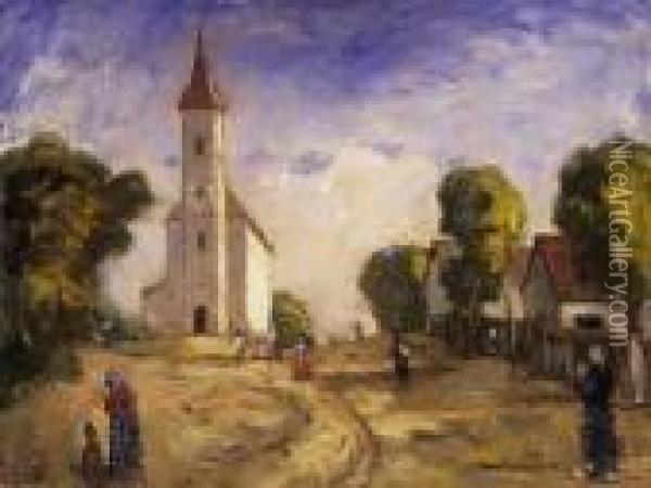 In The Square With A Church Oil Painting - Bela Ivanyi Grunwald