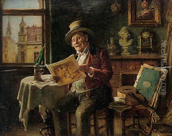 Old Man Admiring A Print Oil Painting - Hermann Kern