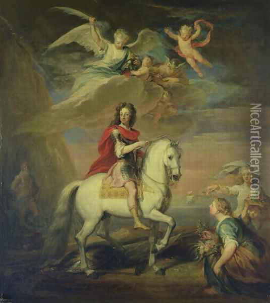 William III on a grey charger observed by Neptune Ceres and Flora Mercury in the sky and Astrea Oil Painting - Sir Godfrey Kneller