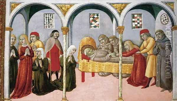Donna Perna Being Cured on Approaching St Bernardino's Body Oil Painting - Sano Di Pietro