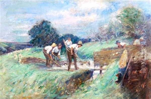 Sheep Washing Willshire Oil Painting - Harry Fidler