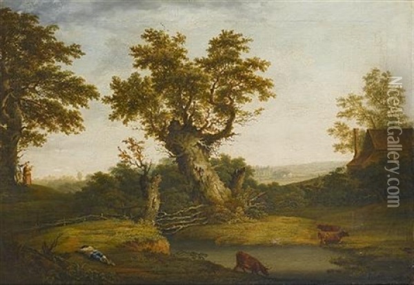 A Wooded River Landscape With Cattle Watering And Figures Resting On The Banks Oil Painting - George Smith of Chichester