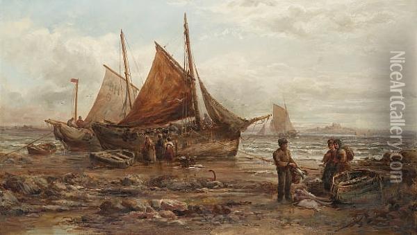 Trawlers From Castletown And Blythe Beached Across The Bay From Peel Castle, Isle Of Man Oil Painting - William Edward Webb