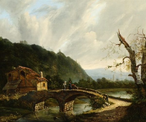 Mountainous Landscape With Figures On A Bridge Oil Painting - Jacobus Hendricus Johannes Nooteboom
