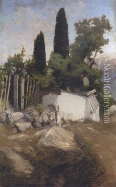 Landscape With Well And Cypress Trees Oil Painting - Vasili Dimitrievich Polenov
