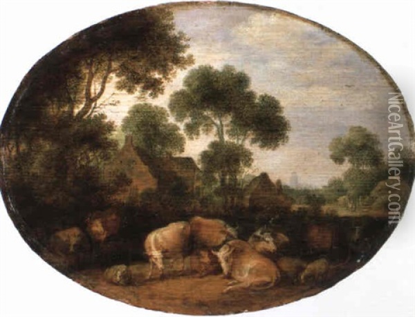 Cows And Sheep In A Meadow Oil Painting - Gillis Claesz De Hondecoeter