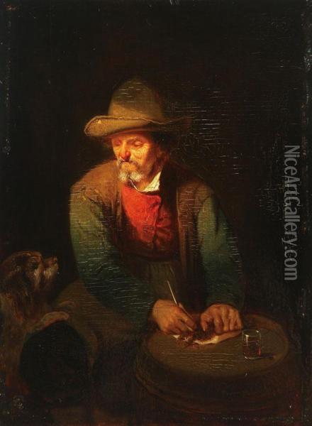Man With Dog In Tavern Filling His Pipe Oil Painting - Willem Linnig