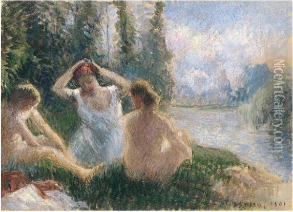 Baigneuses Assises Au Bord D'une Riviere Oil Painting - Camille Pissarro