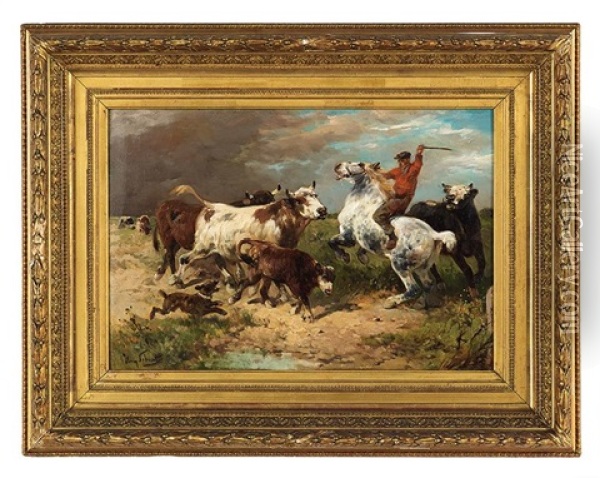 Herding The Cattle Oil Painting - Henry Schouten