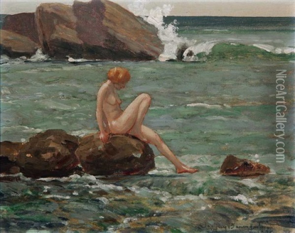 Nude Seated On Rocks In Ocean Landscape Oil Painting - John Jay Baumgartner