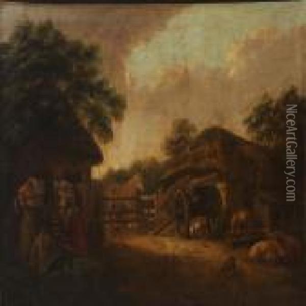 The Laundry Is Being Hung Out To Dry In The Farmyard Oil Painting - George Morland
