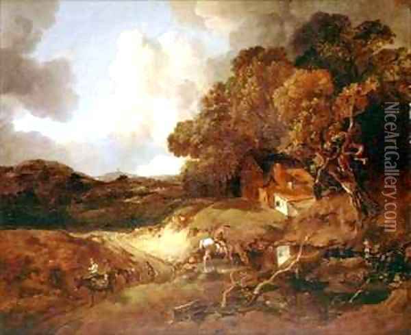 Extensive wooded landscape with peasants on a path Oil Painting - Thomas Gainsborough