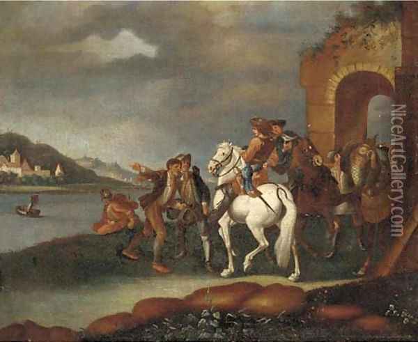 A river landscape with horsemen and other travellers by an arch Oil Painting - German School