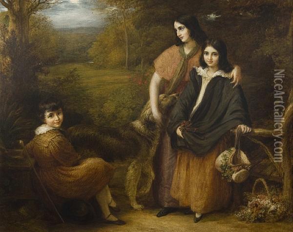 Portrait Of Three Elder Children Of Robertclutterbuck Oil Painting - John Linnell