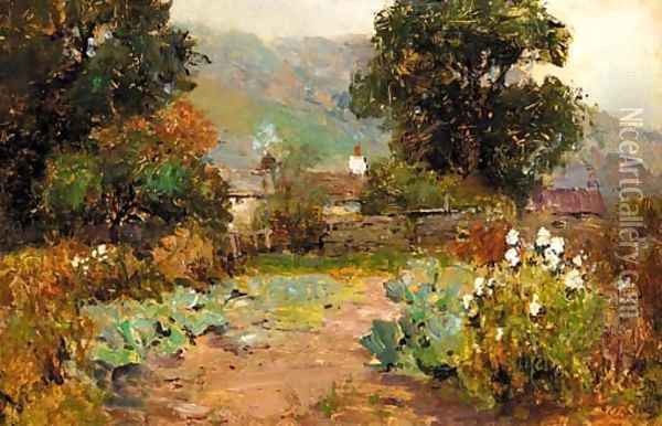 A country lane by a cottage on a summer's day Oil Painting - Ernst Walbourn