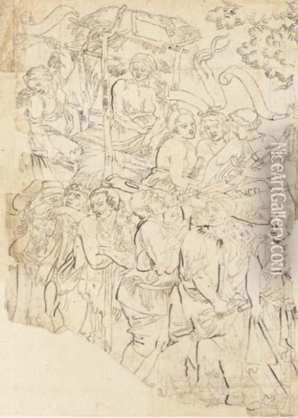 Une Procession Avec Des Hommes Et Des Femmes Tenant Des Instrumentset Portant Une Femme Oil Painting - Michel Corneille II