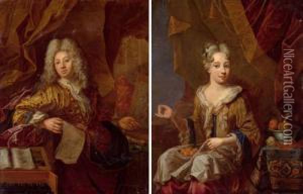 Pair Of Works: Portrait Of A Nobleman And A Lady. Oil Painting - Robert Tournieres
