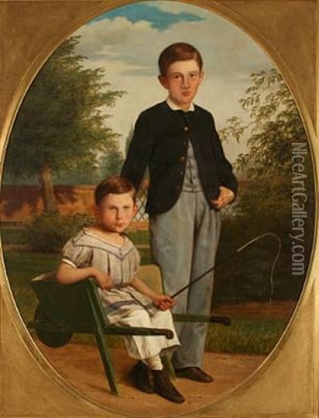 Two Boys In A Garden, One Is Sitting In A Wheelbarrow Oil Painting - Andreas Hunaeus