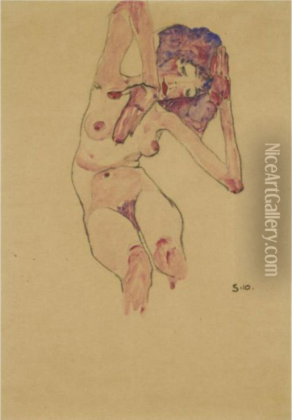 Sitzender Frauenakt Mit 
Geneigtem Kopf Und Erhobenen Armen (seated Female Nude With Tilted Head 
And Raised Arms) Oil Painting - Egon Schiele