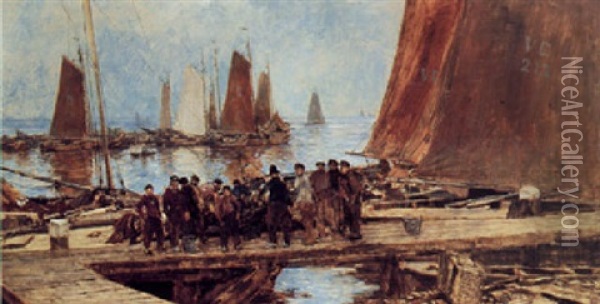 Departure Of The Fishing Boats, Volendam Oil Painting - Johan Hendrik van Mastenbroek
