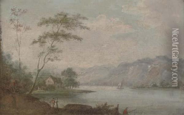 A River Landscape With Anglers And Figures On A River Bank Oil Painting - Johann Christian Vollerdt or Vollaert
