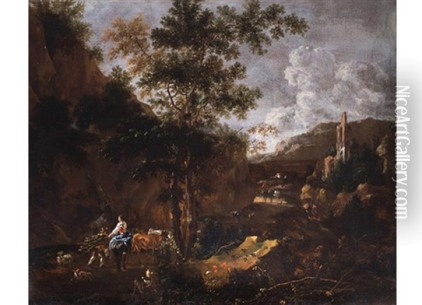 Felsige, Sudliche Landschaft Mit Ruine, Kuhhirten, Reisigsammlern Und Wanderern Oil Painting - Johannes van der Bent