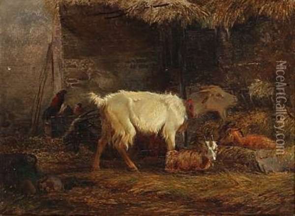 Stable Interior With Goats, Rabbits And Chickens Oil Painting - Vilhelm (Joh. V.) Zillen