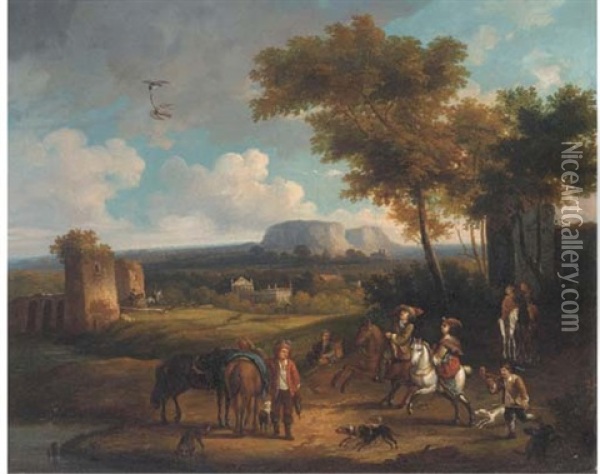 A Broad Landscape With A Hawking Party Oil Painting - Carel van Falens