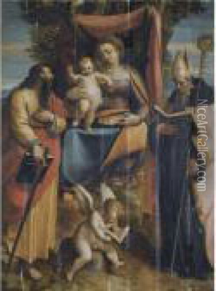 A 'sacra Conversazione': The 
Madonna And Child With Saints Paul And Augustine, A Putto Reading At 
Their Feet Oil Painting - Luca Cambiaso