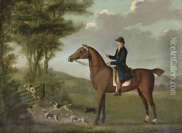 A huntsman on his hunter in an extensive landscape, with hounds jumping a gate Oil Painting - John Nost Sartorius