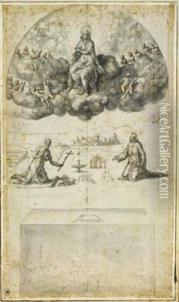 Projet De Decor : La Vierge En Gloire Apparaissant A Saint Jerome
Et Saint Francois Oil Painting - Bernardino Campi