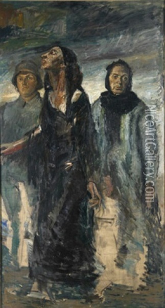 Szene Aus Dem 1 Weltkrieg Mit Einem Soldaten Und Zwei Frauen (study) Oil Painting - Karl-Johann Becker-Gundahl