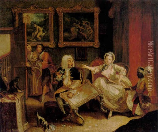 The Harlot's Progress: Quarrels With Her Jewish Protector Oil Painting - William Hogarth