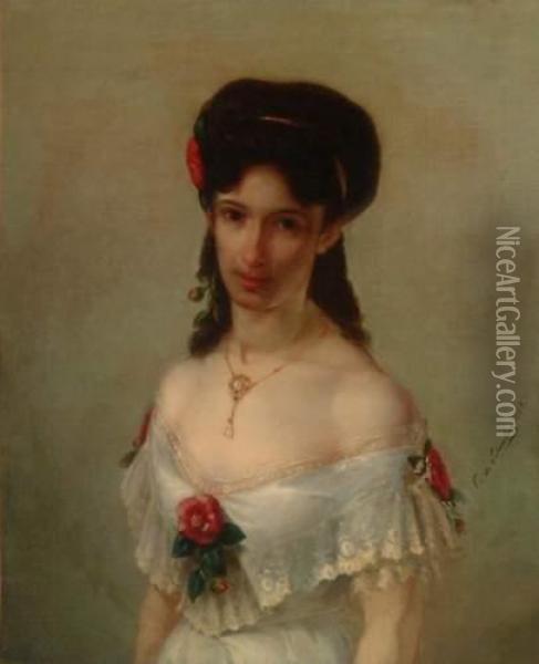 Portrait De Femme A La Fleur Rouge Oil Painting - C. De Schonberg