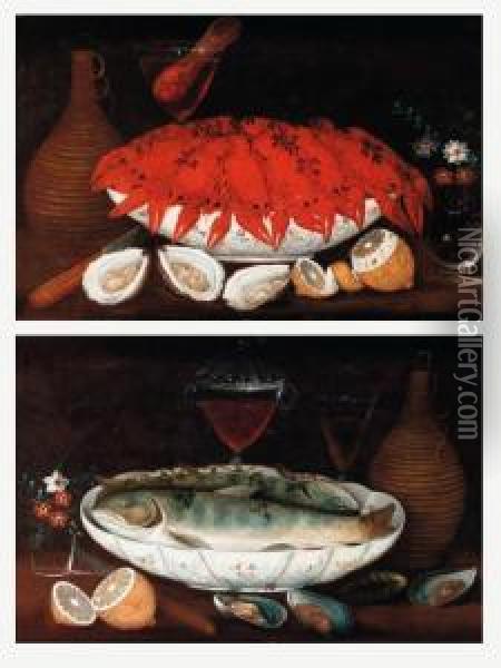 Crayfish And Salmon In Porcelain Bowls Oil Painting - Georg Seitz