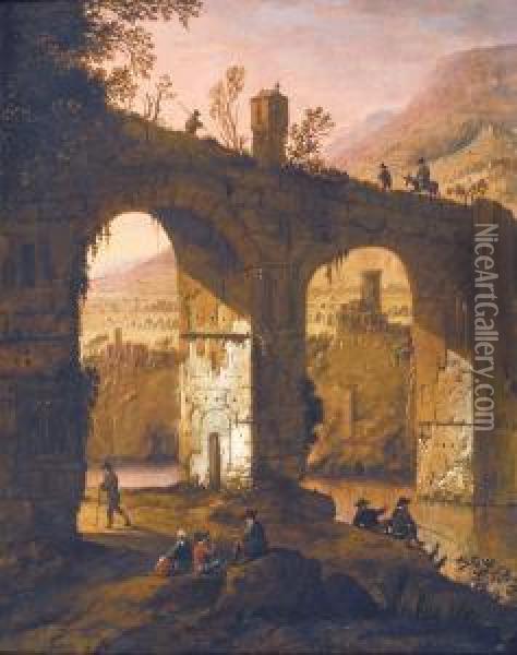 Italian-like Landscape With Figures Near A Bridge Oil Painting - Dirck Verhaert