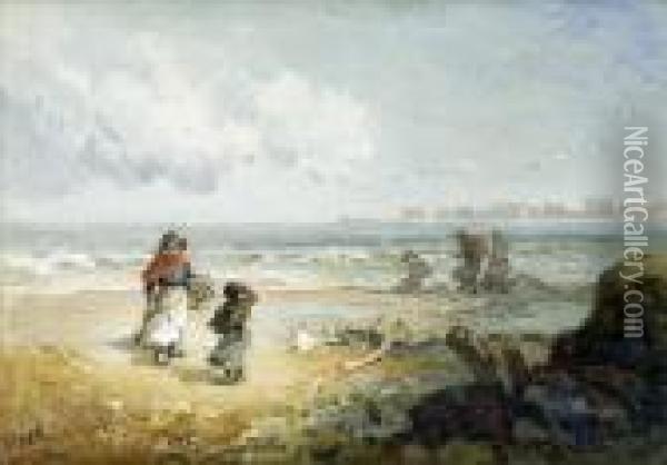 Homeward Bound, Figures On A 
Lane By A Cottage In A Wooded Summerlandscape; A Blustery Day, Cockle 
Gatherers On A Windswept Beach Oil Painting - Paul H. Ellis