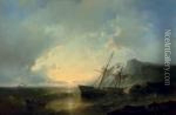 A Shipwreck At Sunset Oil Painting - Abraham Hulk Jun.