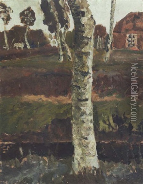 Birkenstamm Am Moorgraben Vor Landschaft Mit Haus Oil Painting - Paula Modersohn-Becker