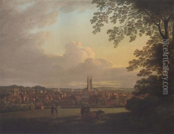 An Extensive View Of Derby, With Figures And Cattle In The Foreground Oil Painting - Henry Lark I Pratt