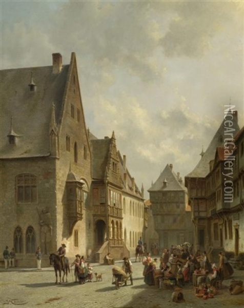 Marktszene Am Holzmarkt In Halberstadt Oil Painting - Jacques Francois Carabain