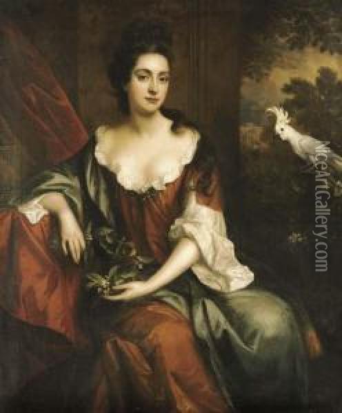Portrait Of A Lady, Three-quarter-length, Seated In A Brown Dress With A Blue Cloak, Holding Orange Blossom, By A Red Curtain With A White Cockatoo, A Landscape Beyond Oil Painting - Jan van der Vaart